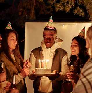Party hall near London set up for birthday celebrations.