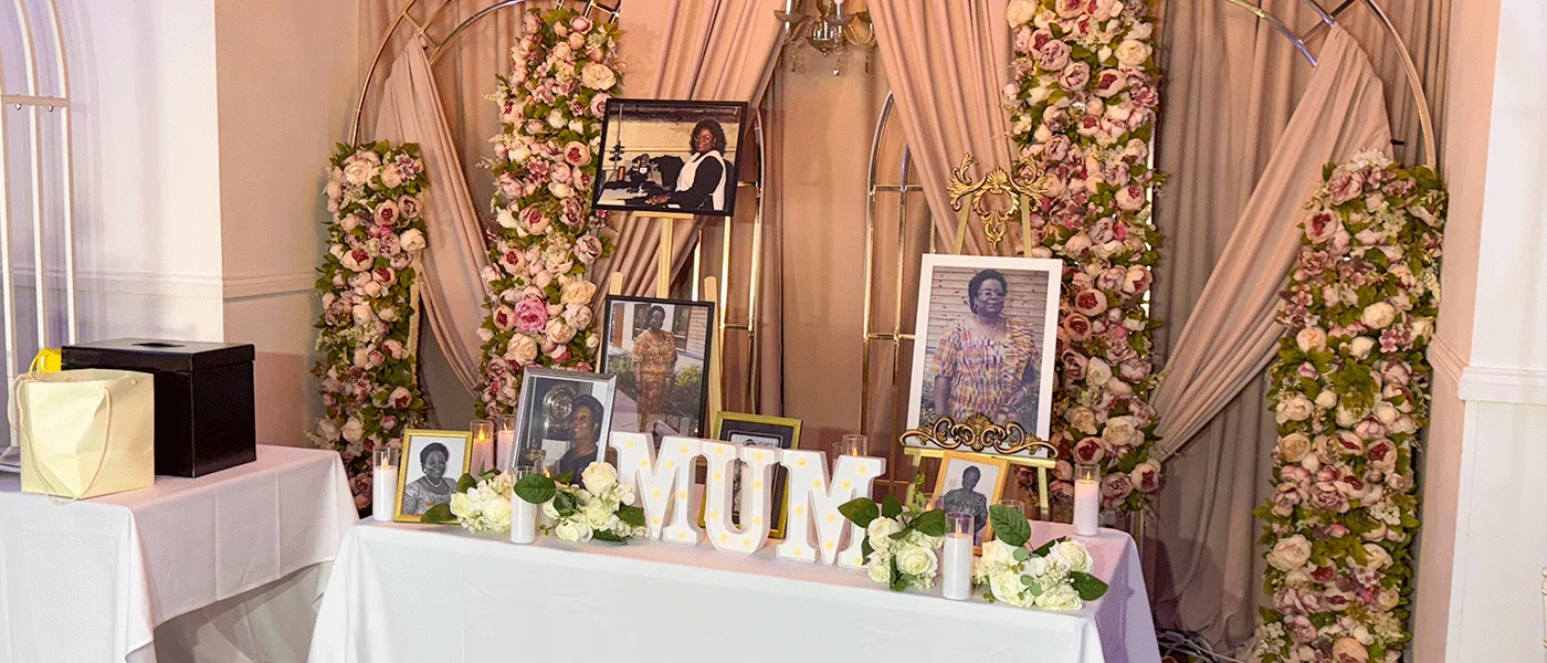 Memorial setup at a peaceful funeral wake venue near London