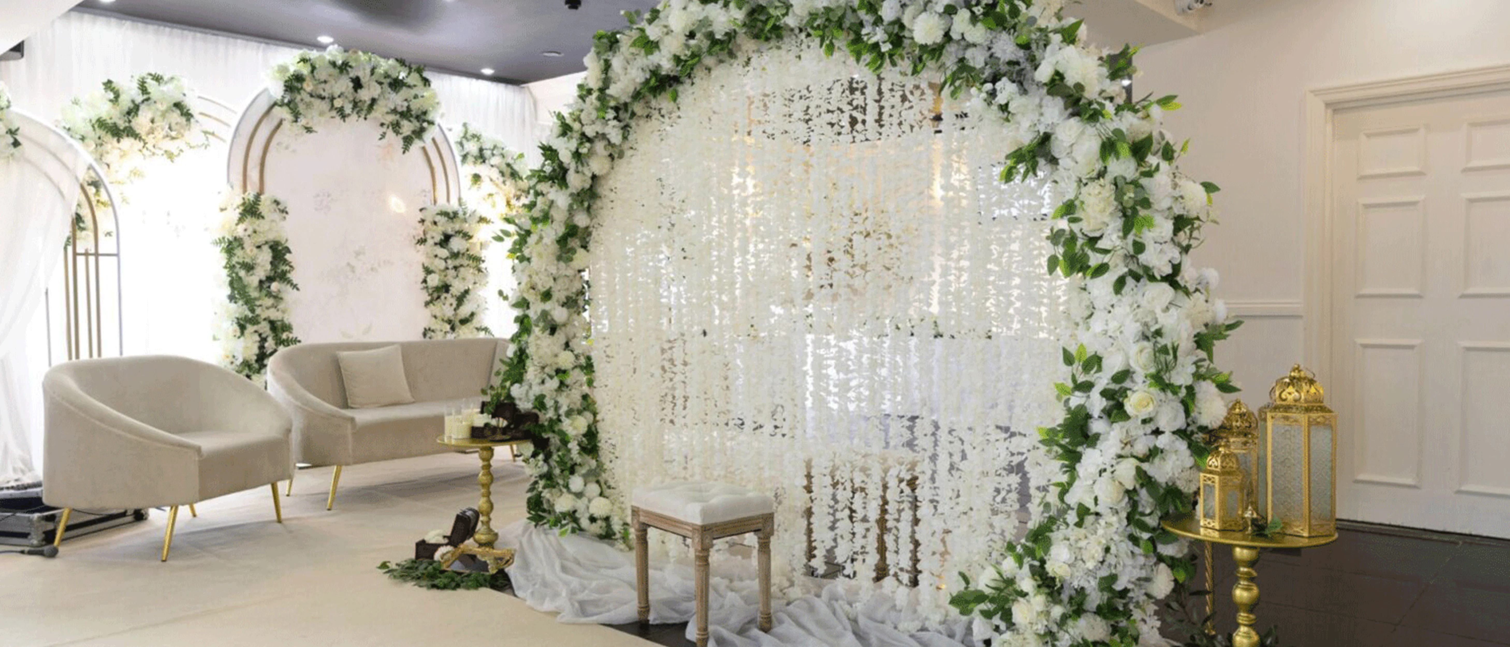 Elegant wedding and reception setup in a London banquet hall