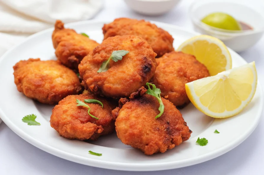 Crispy fried fish pakora with lemon wedge on the side