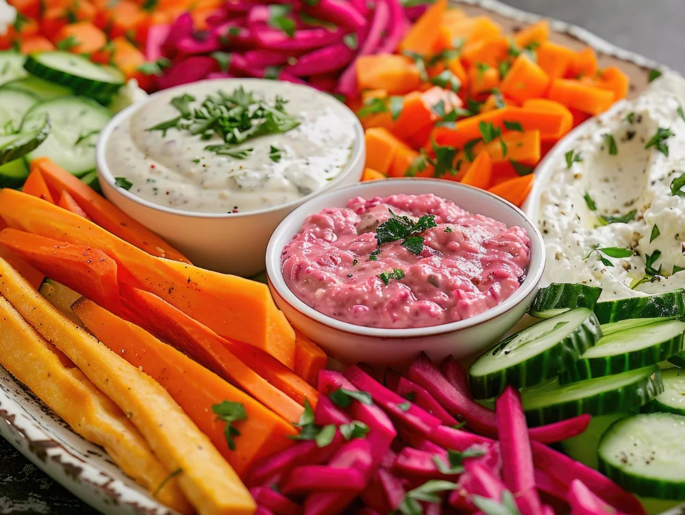 Assorted plate of vegetables and dips
