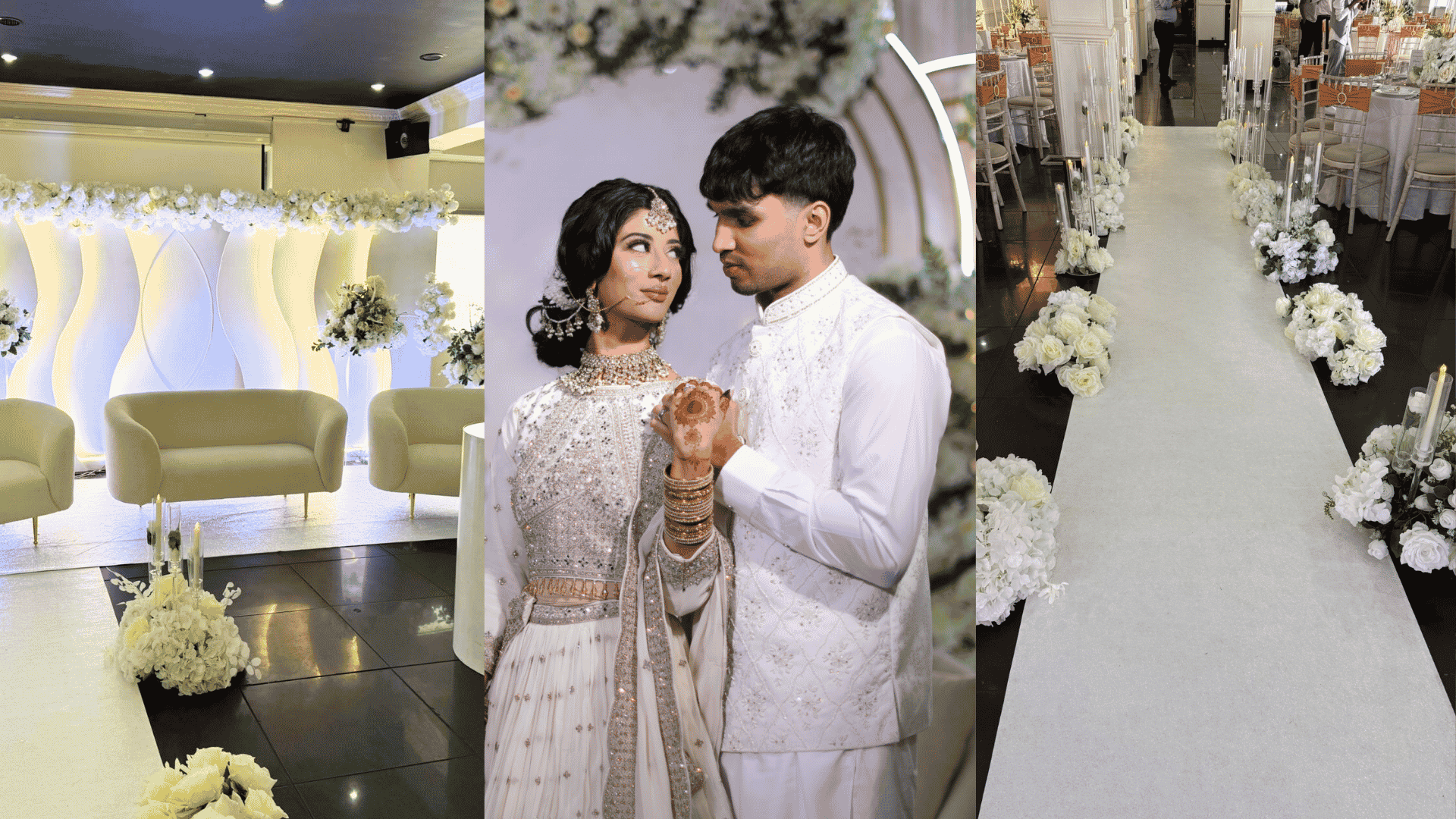 Wedding venue decorated for a reception in London showing hall layout, tables, and elegant décor