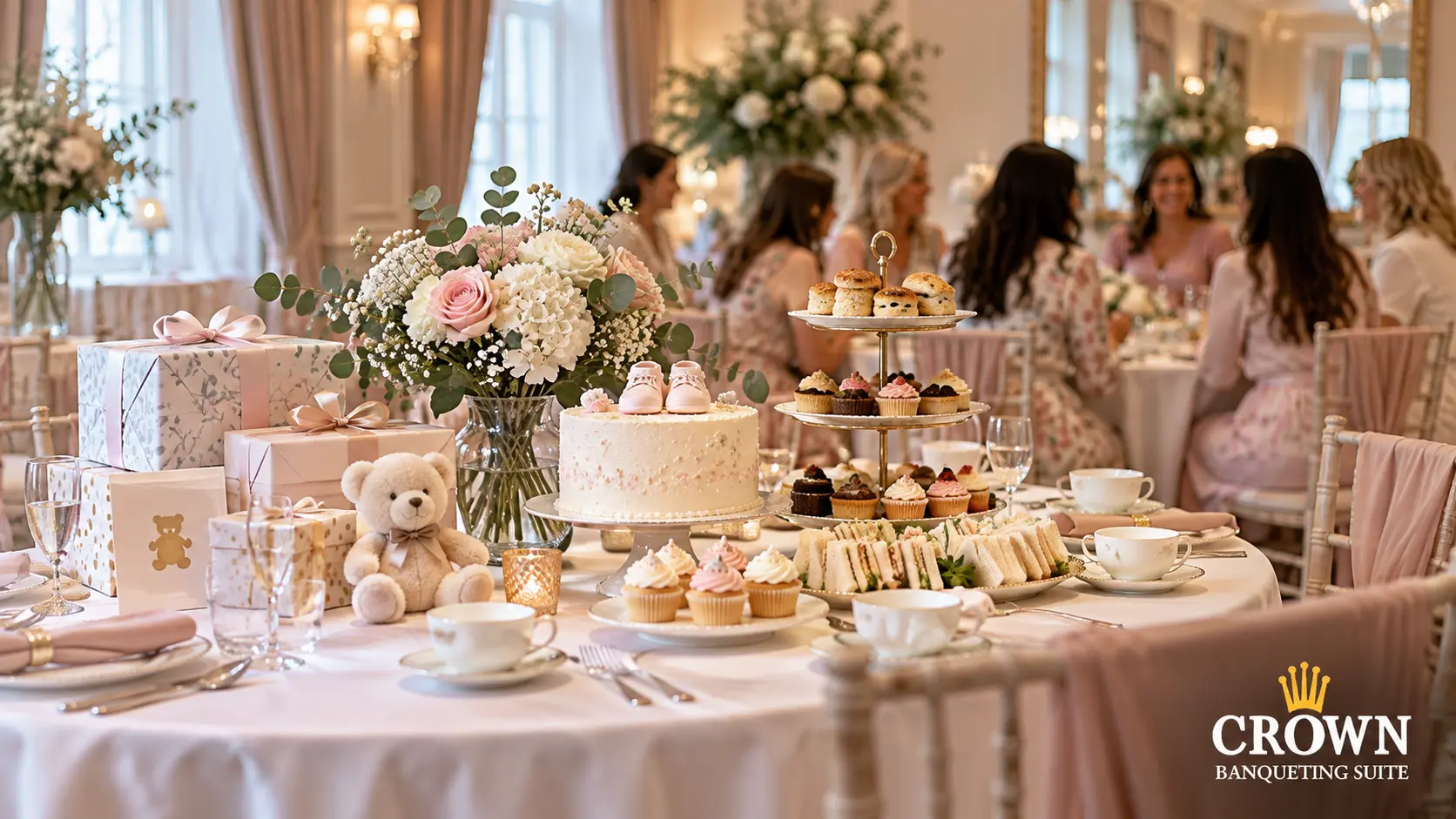 Elegant baby shower celebration with gifts, cake and afternoon tea at a decorated banqueting venue.