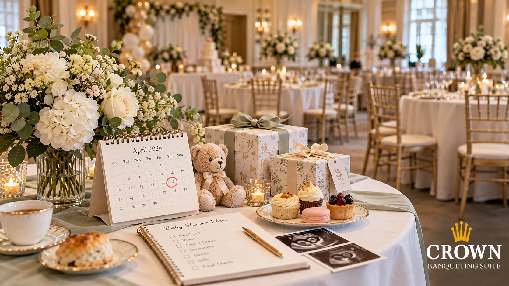 Elegant baby shower table with calendar, flowers and gifts, illustrating when to have a baby shower in the UK.