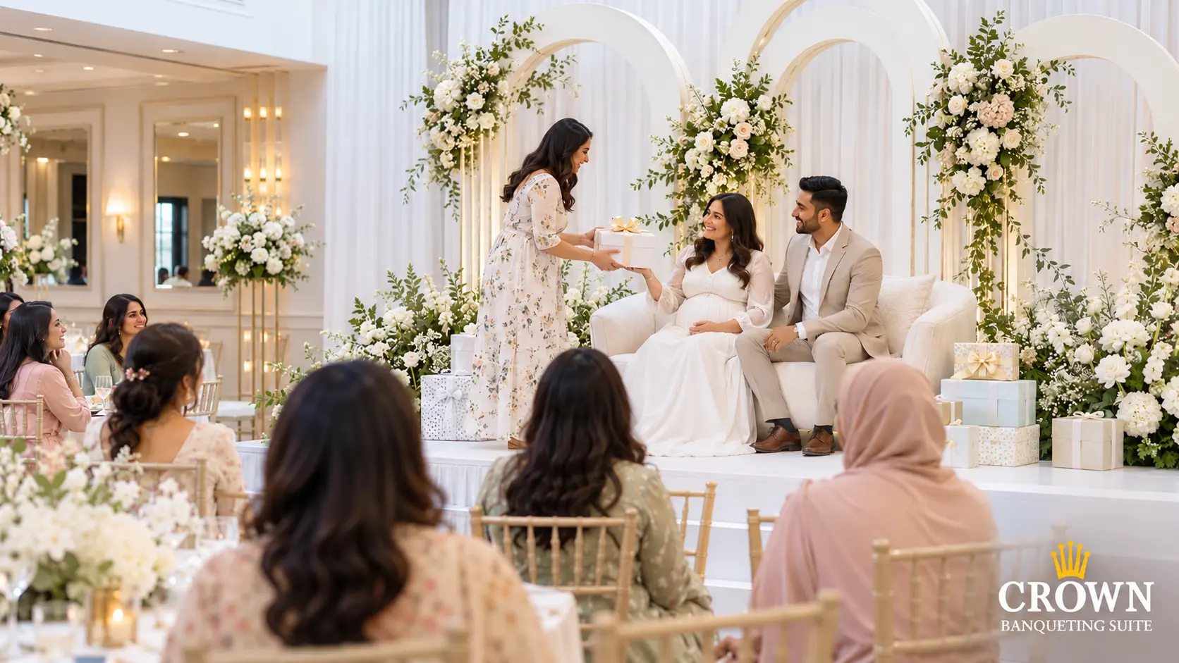 Expectant parents celebrating a baby shower on an elegant white stage with family and friends at a UK banqueting venue.
