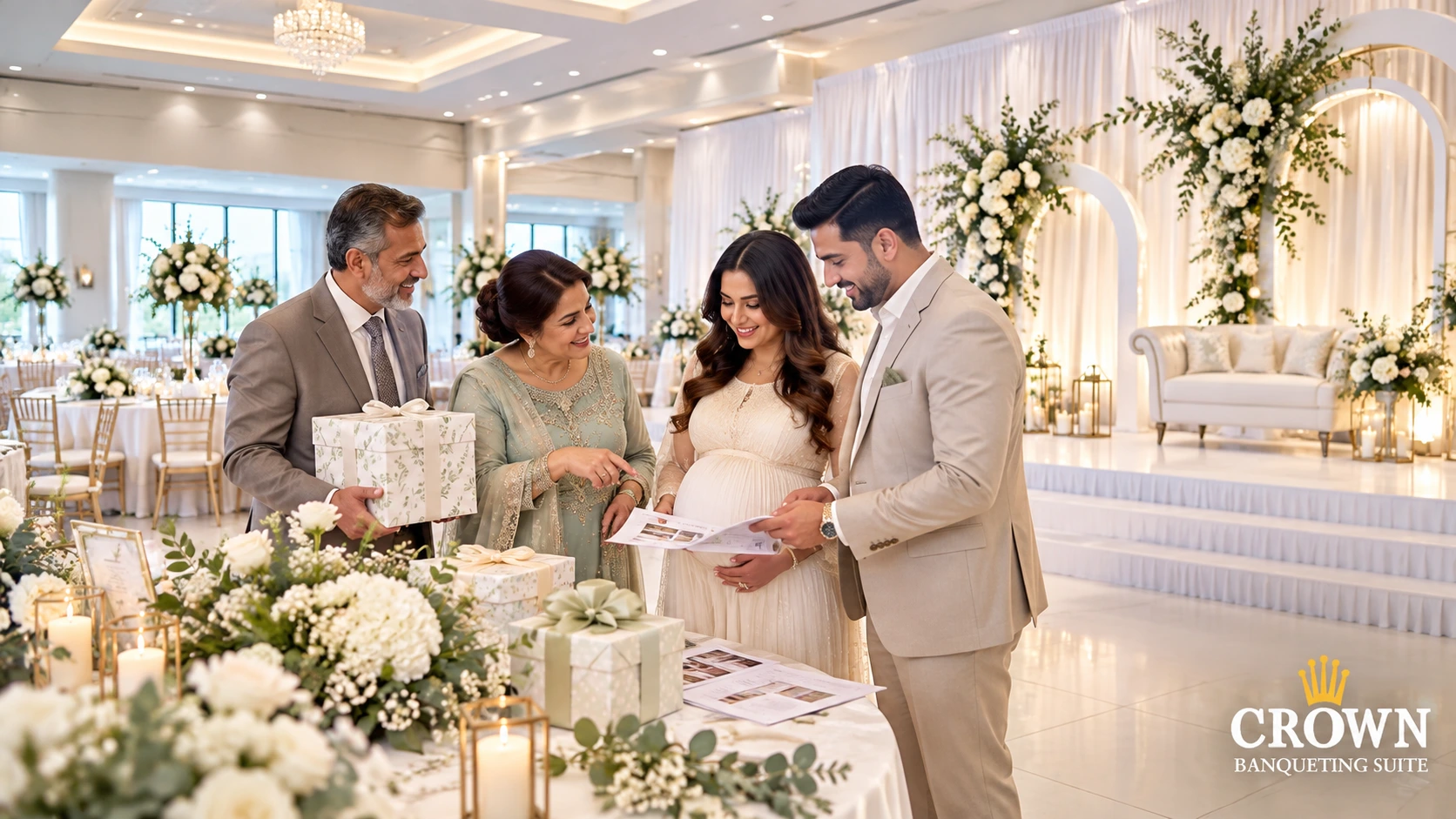 Expectant parents and grandparents planning a baby shower together in an elegant banqueting hall in Ilford, East London.