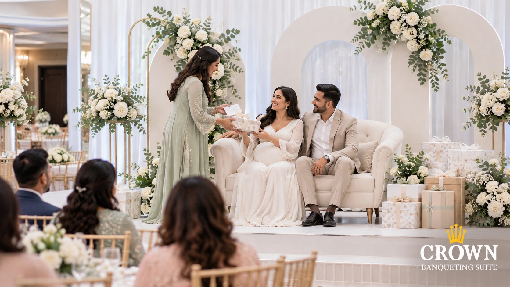 Guest presenting a wrapped baby shower gift and greeting card to expectant parents on an elegantly decorated stage in a UK banqueting hall.