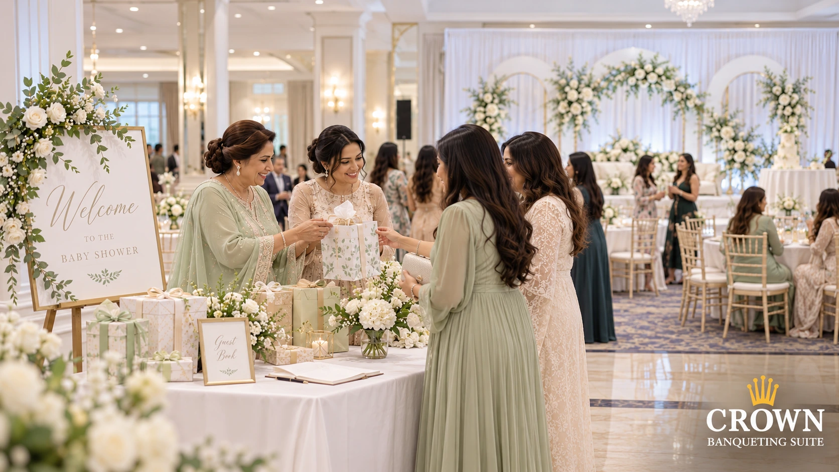 Mother and sister hosting a baby shower for expectant parents on an elegantly decorated stage at Crown Banqueting Suite in Ilford, East London.